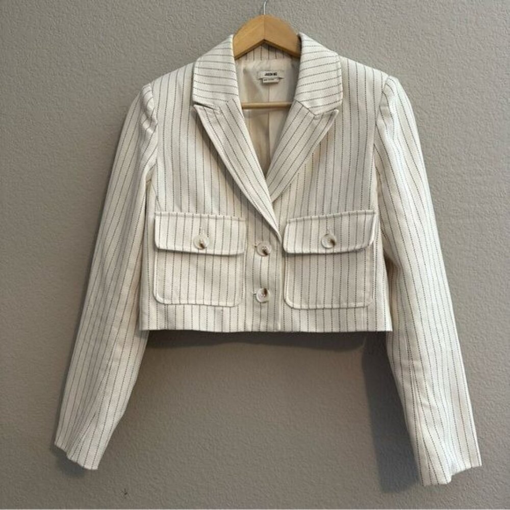 JASON WU Pin Stripped Cropped Jacket with Pockets in Cream SZ Small Blazer - Picture 3 of 12